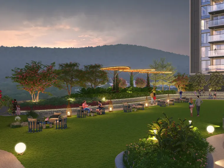 Activity field and resting pavilion at dusk, ANP Privado Baner Pune