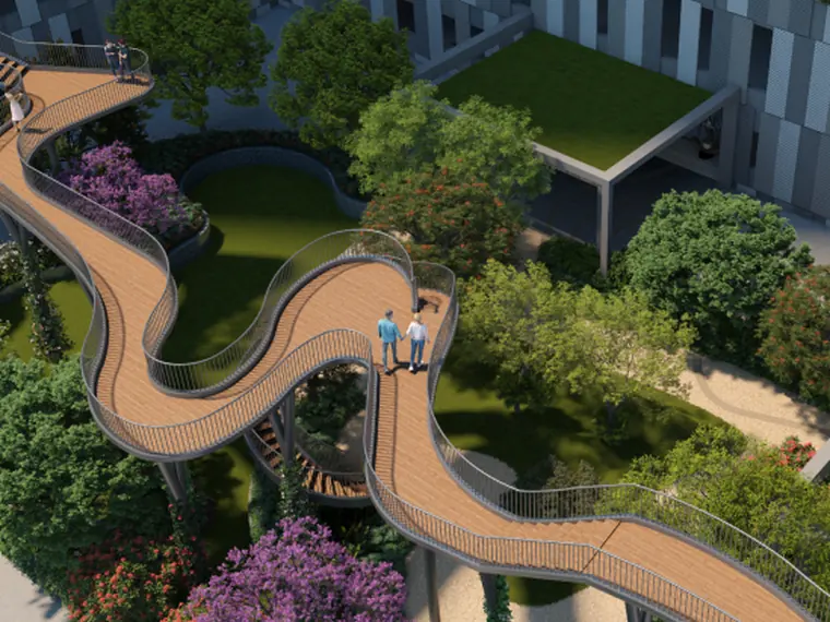 Elevated canopy walk through landscaped greens at ANP Privado Baner