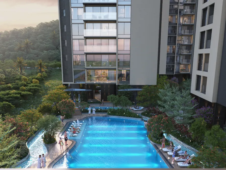 ANP Privado Baner — towers overlooking the pool deck and landscaped open space, Pune